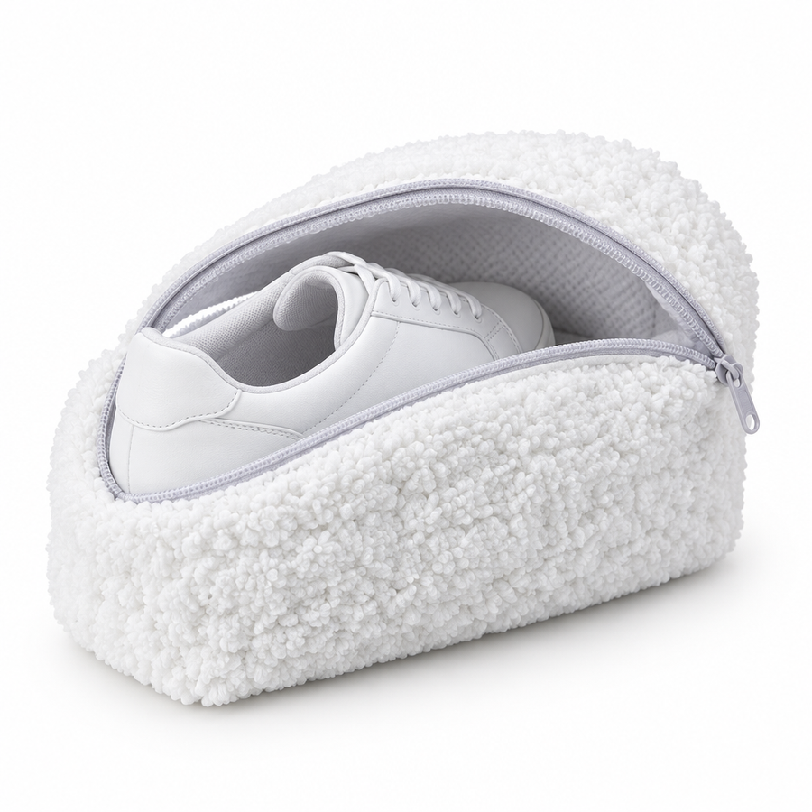 Geöffneter KICKRINSE Waschbeutel mit Sneaker